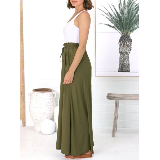 Army green cotton hemp vacation pants wide-leg pants