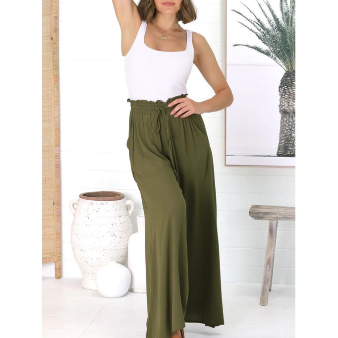 Army green cotton hemp vacation pants wide-leg pants