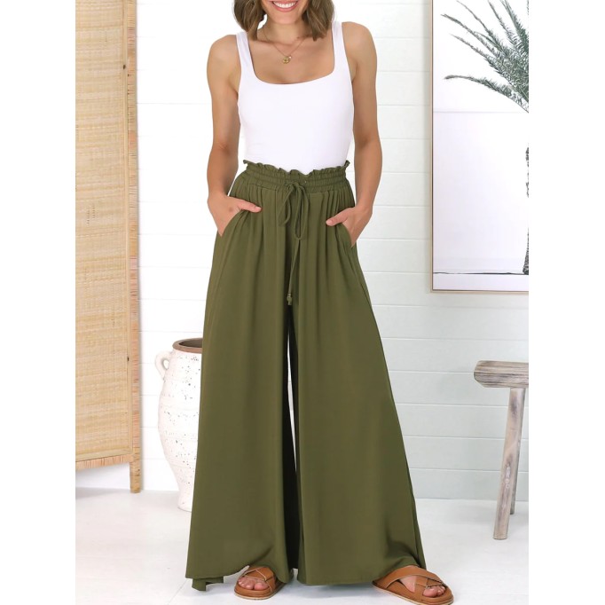 Army green cotton hemp vacation pants wide-leg pants