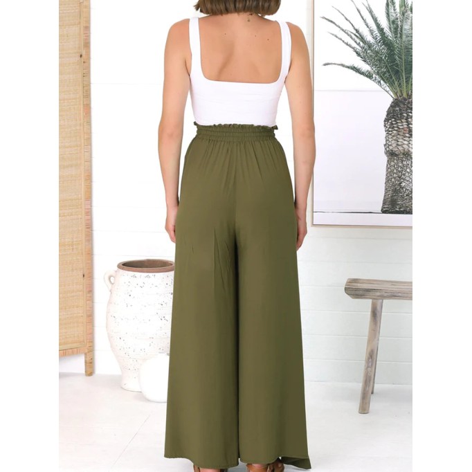 Army green cotton hemp vacation pants wide-leg pants