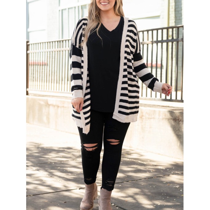 Black and white striped knitted cardigan