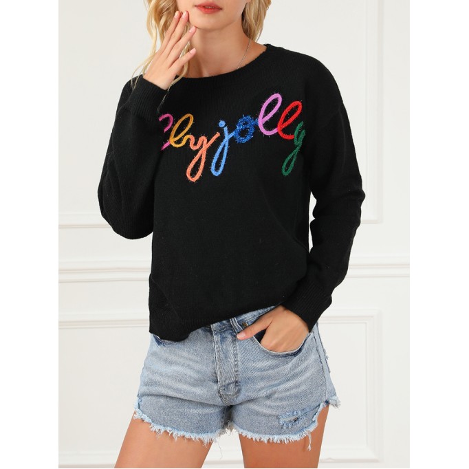 Black Holly Jolly Round Neck Casual Sweater