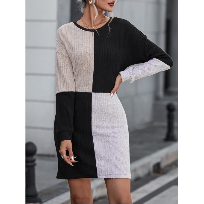 Black Ribbed Color Block Drop Shoulder Long Sleeve Mini Dress