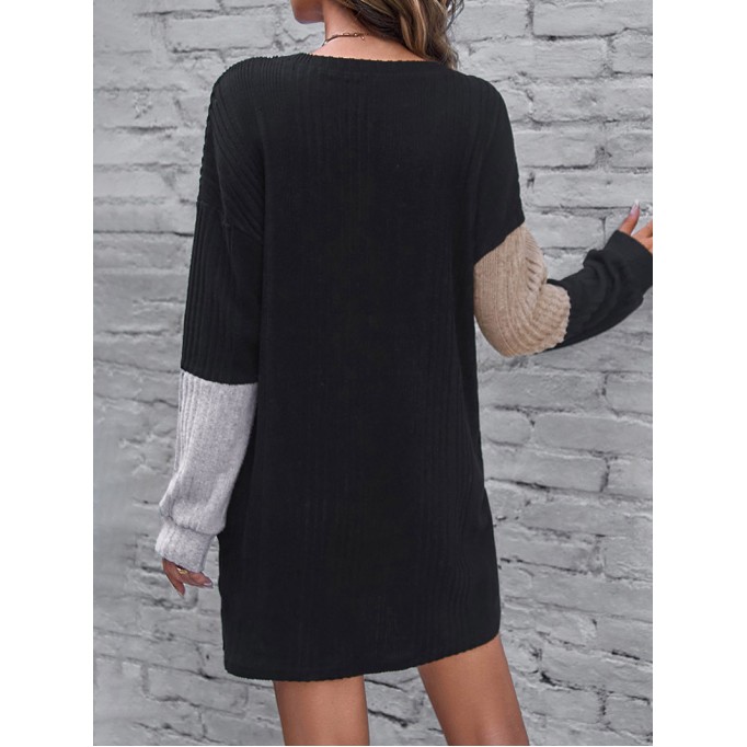 Black Ribbed Color Block Drop Shoulder Long Sleeve Mini Dress