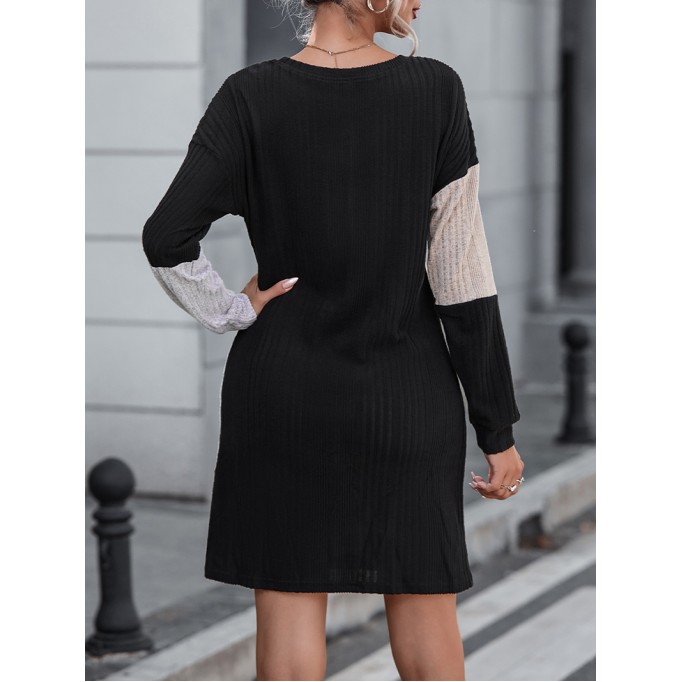 Black Ribbed Color Block Drop Shoulder Long Sleeve Mini Dress