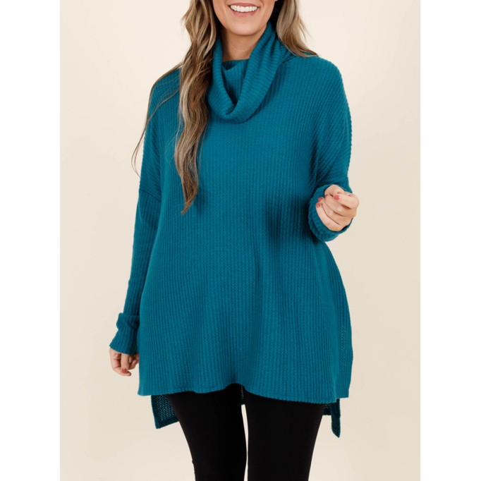 Blue green front short back long loose fitting sweater