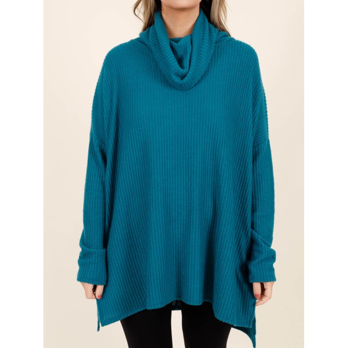 Blue green front short back long loose fitting sweater