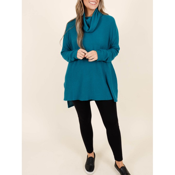 Blue green front short back long loose fitting sweater