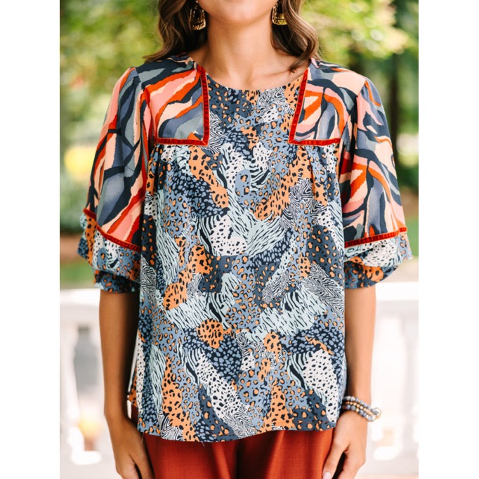 Blue mixed print quarter sleeve shirt