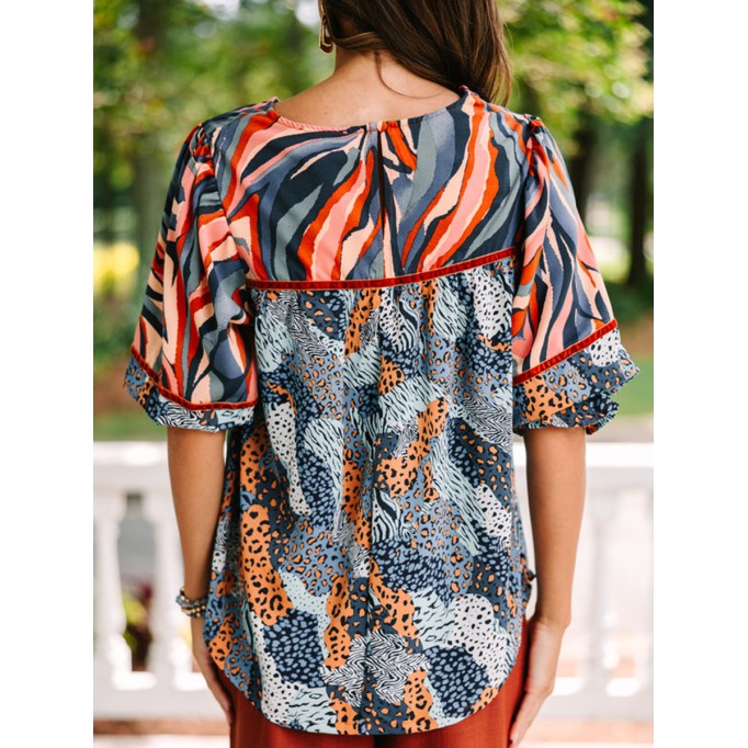 Blue mixed print quarter sleeve shirt