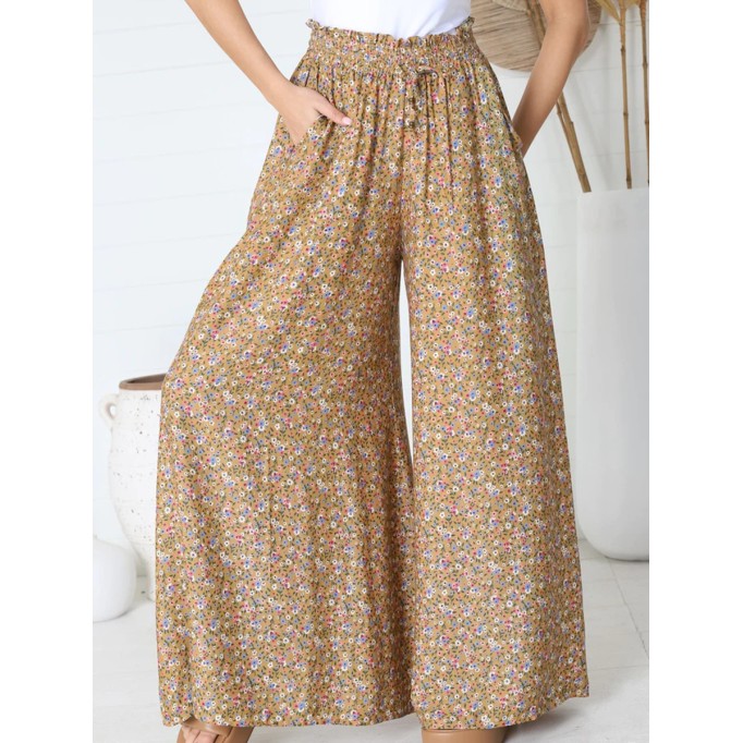 Boho high-waisted floral print trousers