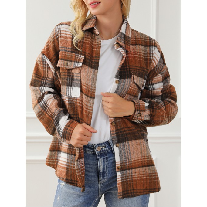 Brown Plaid Flap Pockets Shacket