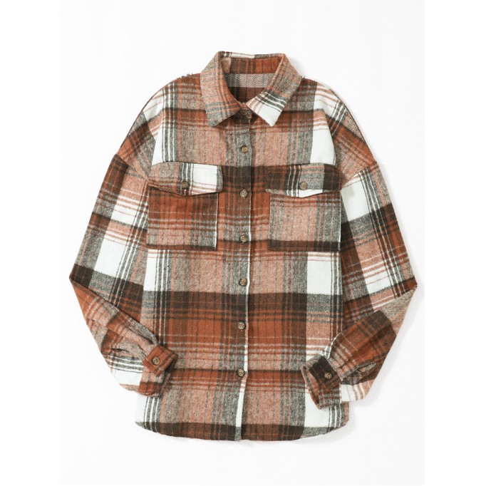 Brown Plaid Flap Pockets Shacket