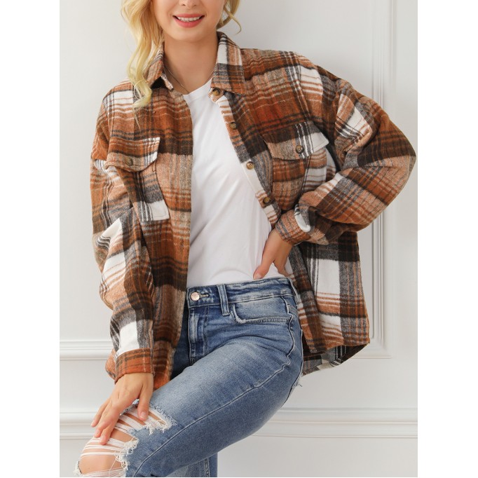 Brown Plaid Flap Pockets Shacket