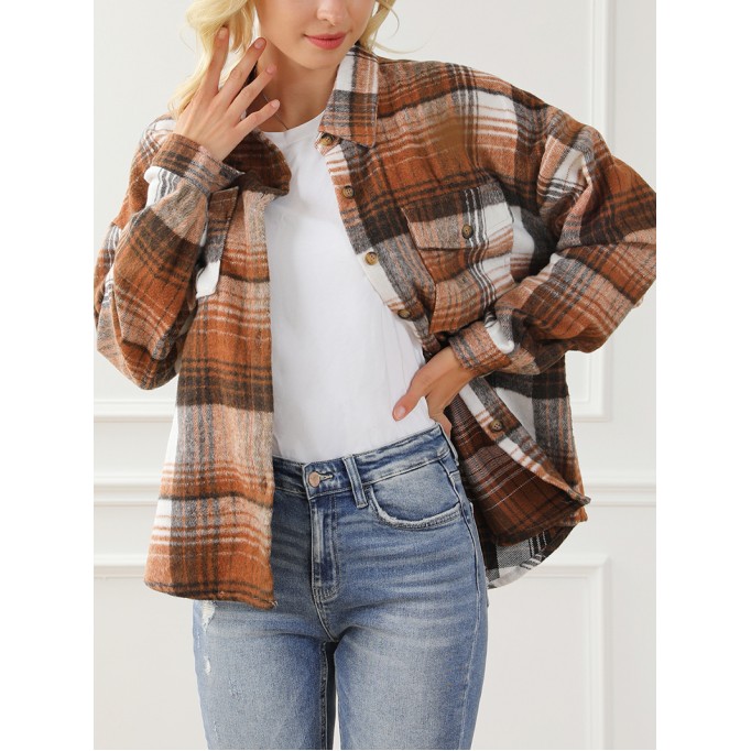 Brown Plaid Flap Pockets Shacket