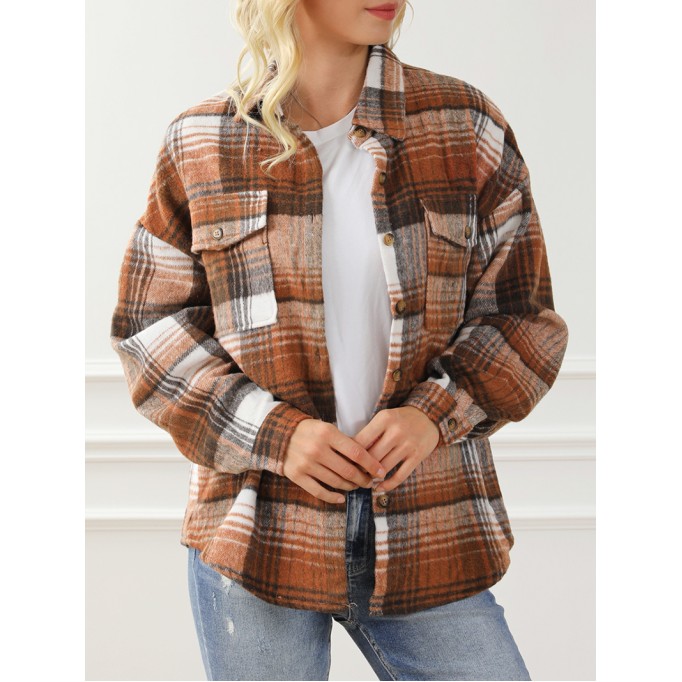 Brown Plaid Flap Pockets Shacket