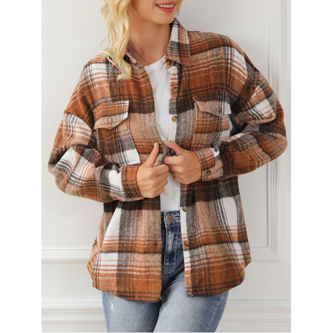 Brown Plaid Flap Pockets Shacket