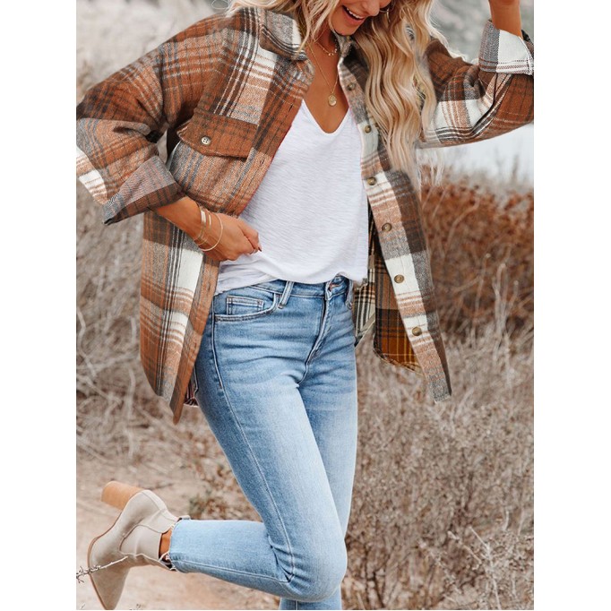 Brown Plaid Flap Pockets Shacket