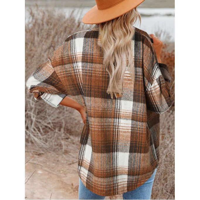 Brown Plaid Flap Pockets Shacket