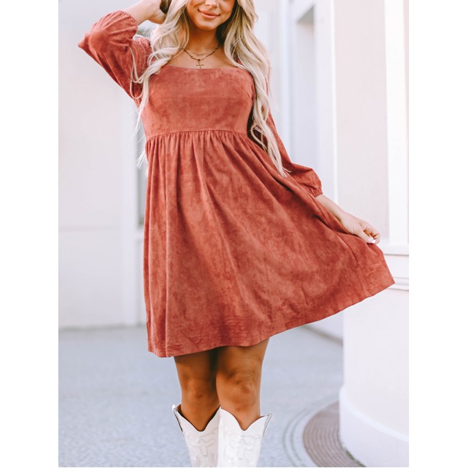 Brown Suede Square Neck Puff Sleeve Dress