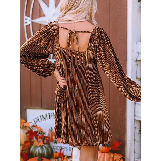 Brown Tie Back Square Neck Velvet Babydoll Dress