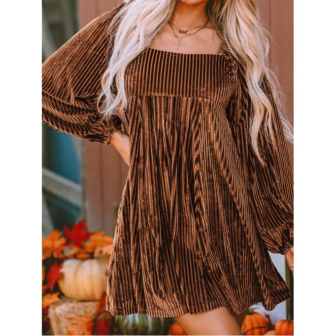 Brown Tie Back Square Neck Velvet Babydoll Dress