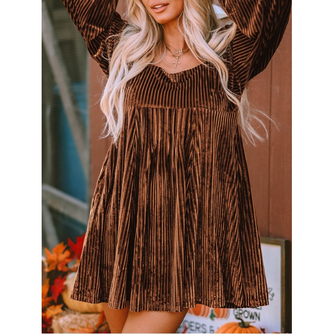 Brown Tie Back Square Neck Velvet Babydoll Dress