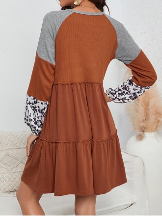 Brown Waffle Knit Leopard Patchwork Long Sleeve Dress