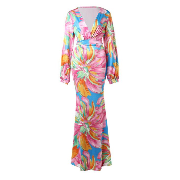 Casual colorful printed V-neck dress