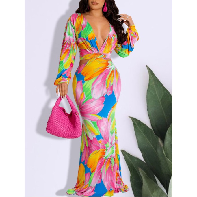 Casual colorful printed V-neck dress