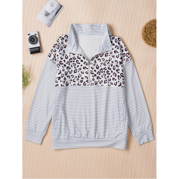 Casual leopard print patchwork striped sweatshirt