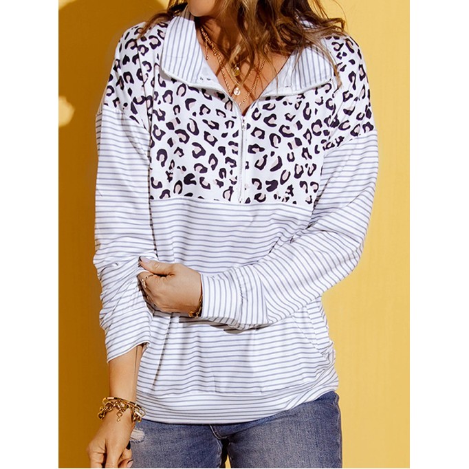 Casual leopard print patchwork striped sweatshirt