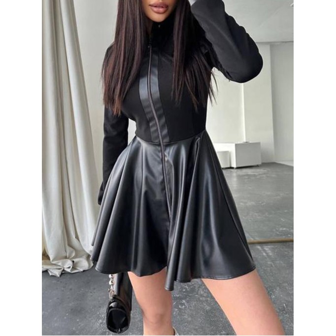 Casual long-sleeve leather panel dress