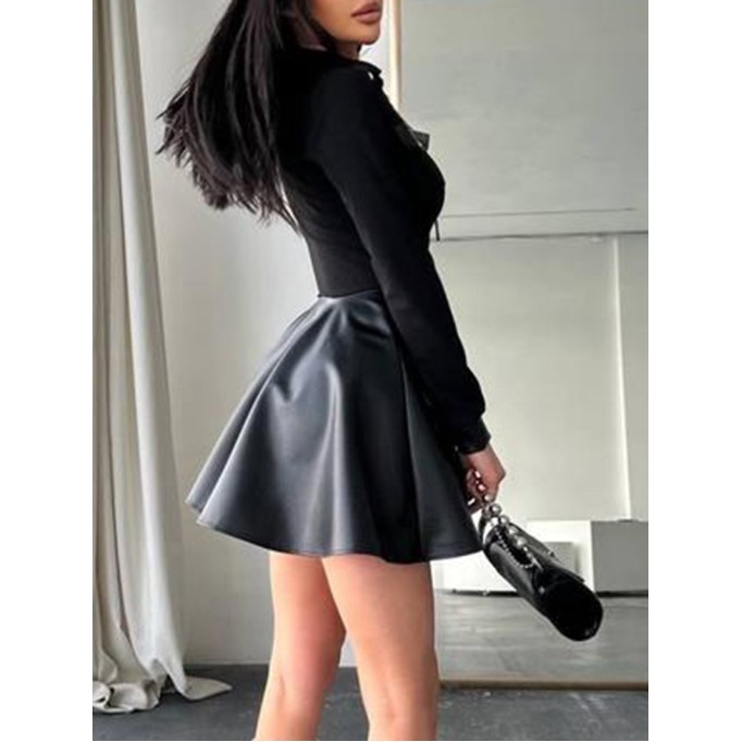 Casual long-sleeve leather panel dress