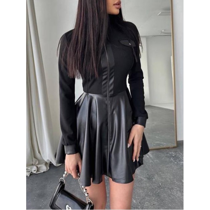 Casual long-sleeve leather panel dress