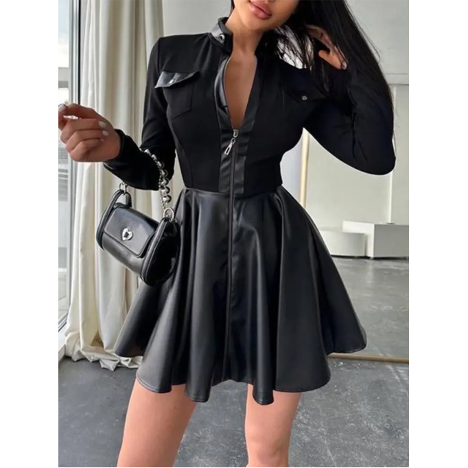 Casual long-sleeve leather panel dress