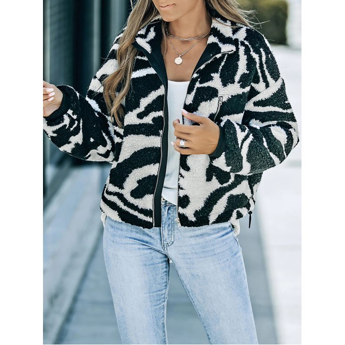 Casual zebra print sherpa jacket