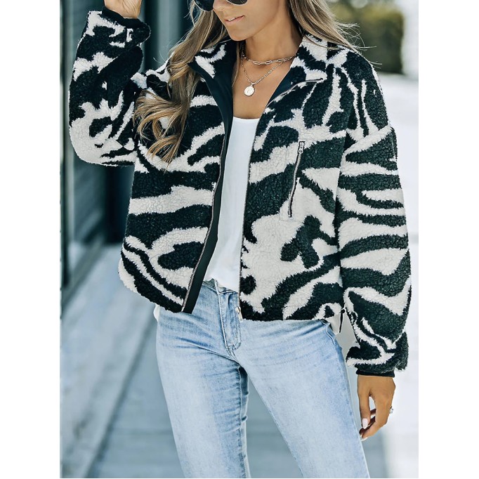 Casual zebra print sherpa jacket