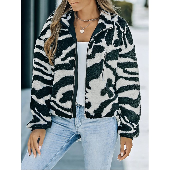 Casual zebra print sherpa jacket