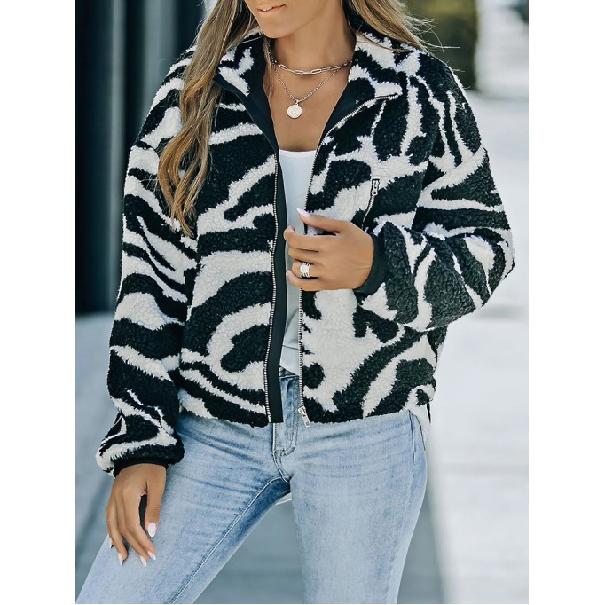 Casual zebra print sherpa jacket