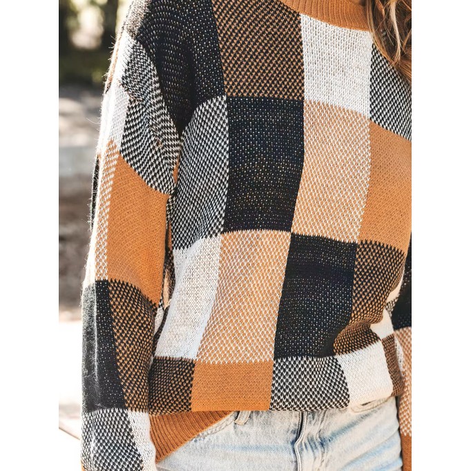 Checked color-blocked drop-sleeve sweater