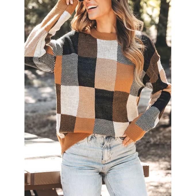 Checked color-blocked drop-sleeve sweater