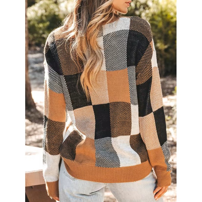 Checked color-blocked drop-sleeve sweater