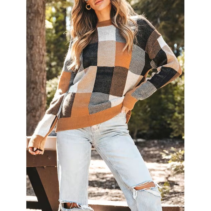 Checked color-blocked drop-sleeve sweater