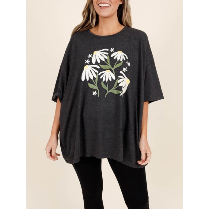 Flower and plant printed short sleeved T-shirt