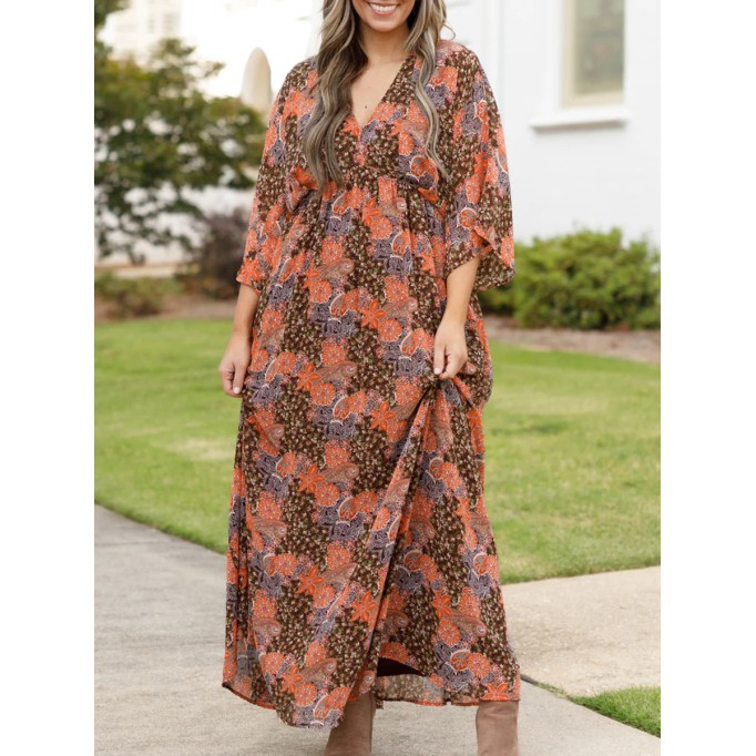 Fragmented floral pattern loose fitting long dress