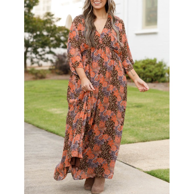 Fragmented floral pattern loose fitting long dress