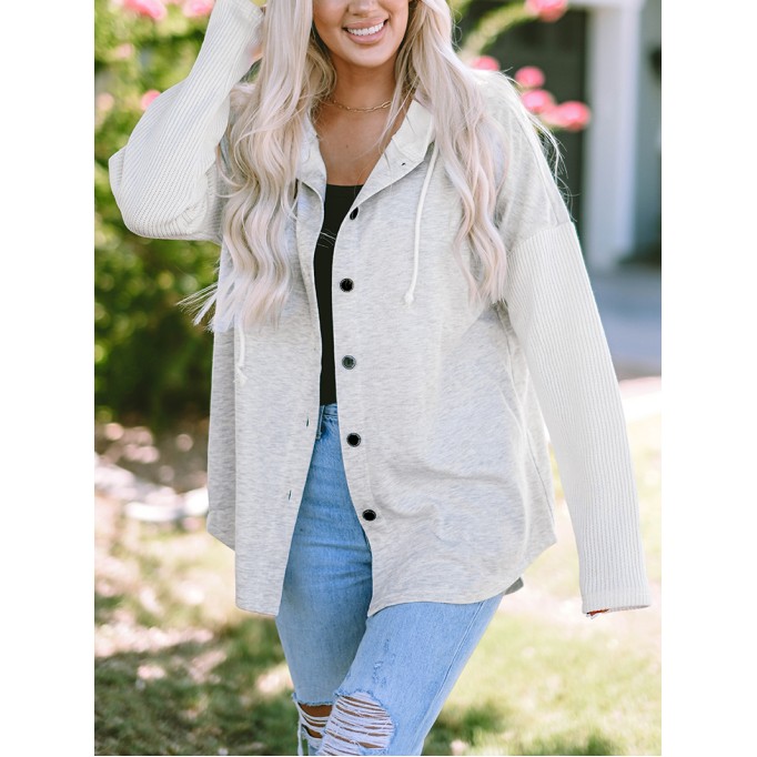 Gray Button Up Contrast Knitted Sleeves Hooded Jacket