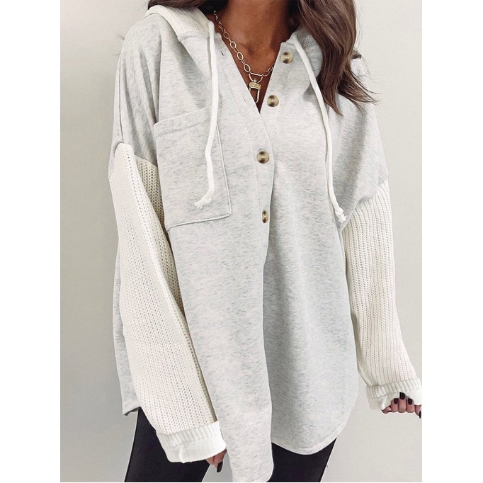 Gray Button Up Contrast Knitted Sleeves Hooded Jacket