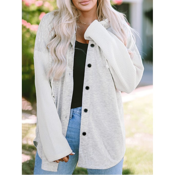 Gray Button Up Contrast Knitted Sleeves Hooded Jacket